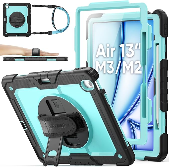 SEYMAC stock Case for iPad Air 13-inch M4-M2 2026-2024 (Gen 8-6), Shockproof Heavy Duty Case with Screen Protector, Pencil Holder, Rotating Stand, Hand Strap, Shoulder Strap, SkyBlue