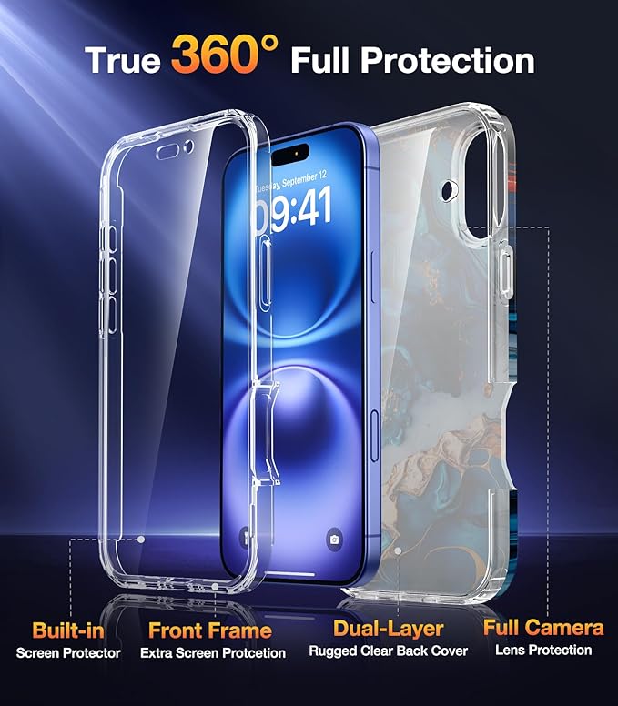 Diaclara Designed for iPhone 16 Plus Case, Full Body Rugged Case with Built-in Touch Sensitive Anti-Scratch Screen Protector, Upgraded [Full Camera Protection] for iPhone 16 Plus 6.7",Water Blue