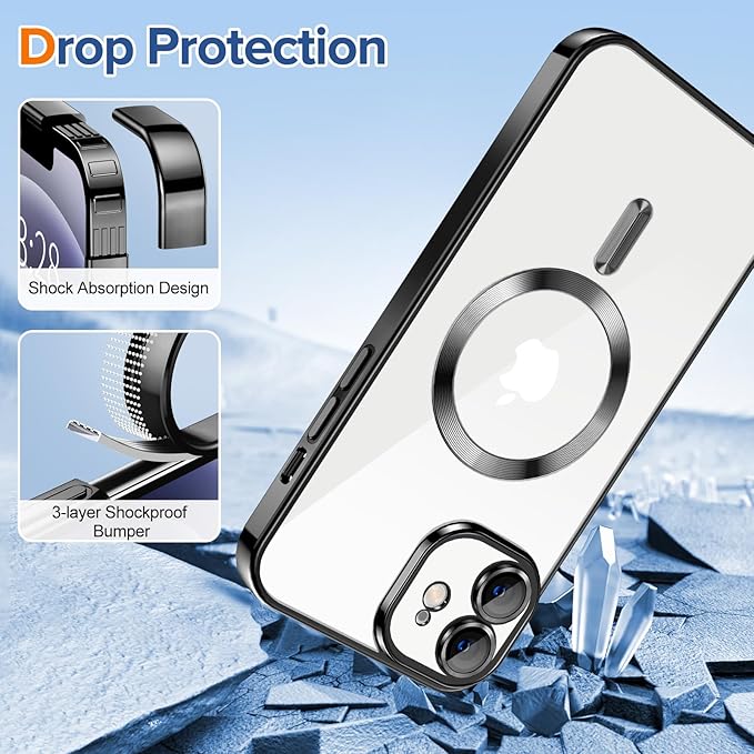 Hython Magnetic Clear for iPhone 12 Case with Camera Lens Protector [Compatible with MagSafe] Luxury Plating Edge Slim Soft TPU Cover Protective Phone Case for iPhone 12 6.1", Black
