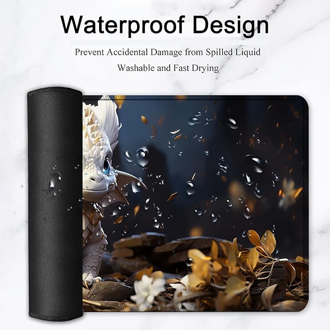 Large Mouse Pad, 31.5 x 11.8in Extended Gaming Mouse Pad with Stitched Edges, XXL Mousepad Protector Non Slip Rubber Base for Office and Home Writing Mat, Cute Little White Dragon Pattern Desk Mat
