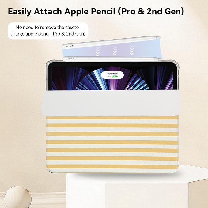 Lovmooful Compatible for iPad Pro 12.9-Inch 2022/2021/2020/2018 (6th/5th/4th/3rd Generation) Case with Pencil Holder Cute Striped with Aesthetic Design Soft TPU Trifold Stand Protective-Yellow