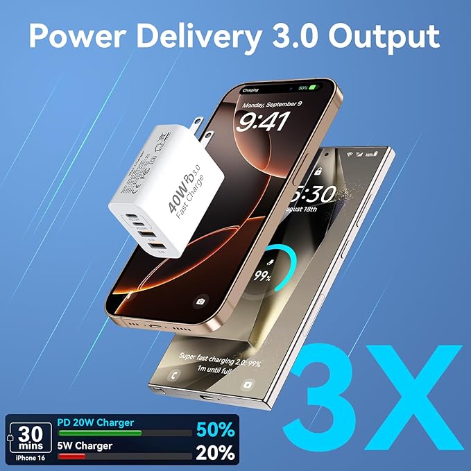 USB C Charger Block, 3Pack 40W 4 Ports Type C Fast Phone Charging Cubes PD 3.0 Wall Plug+ QC 3.0 USB A Charger Power Brick Box for iPhone 16/15/14/13/12/11 Pro Max, iPad, Galaxy, Pixel,White