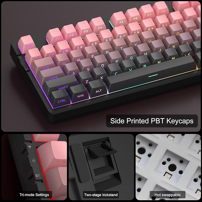 MageGee Pink Wireless Creamy Keyboard, Tri-Mode 2.4G/USB-C/BT Gaming Keyboard, RGB Backlit Hot Swappable Mechanical Keyboard for Win/Mac/PC, 8000mAh Battery