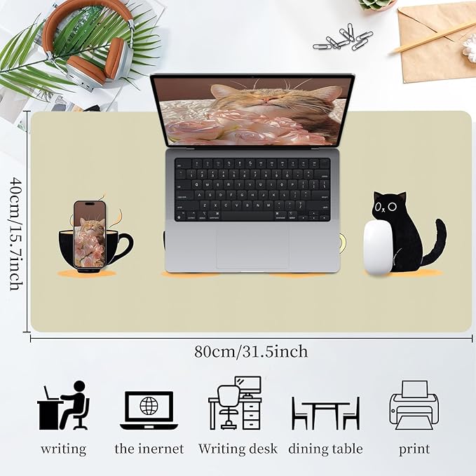 Bloss Leather Mouse Pad,Beige Anime Large Desk Pad, Cute Kawaii Cartoon Cat Desk Mats for Keyboard and Mouse,Clearance Overstock Limited Stock Discontinued Size 31.5" x 15.7"