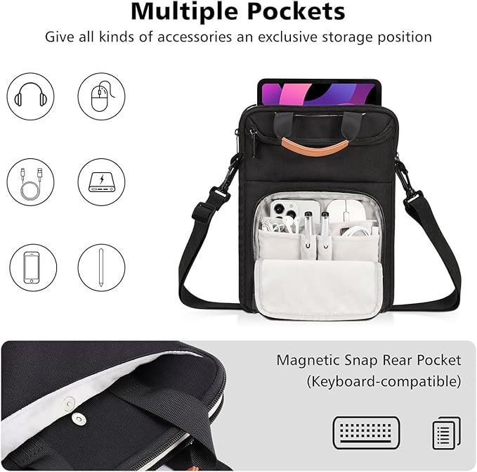 MoKo 9-11 Inch Tablet Sleeve Bag Carrying Case Fits New iPad Air/iPad Pro 11 inch 2024, iPad Air 5 10.9, iPad 10th 10.9, iPad 9/8th 10.2, Tab S8/S9 11, with Shoulder Strap, Handle and Pockets, Black