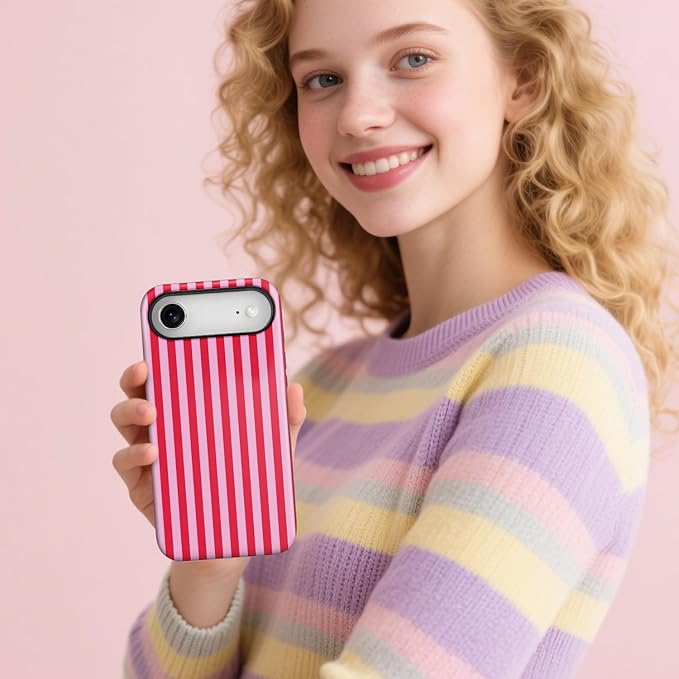Magnetic for iPhone 17 Air Case Cute Stripes Phone Case, Shockproof Slim TPU and Hard PC Protective Phone Cover Compatible with MagSafe Designed for Women Girls, Pink and White