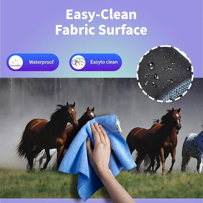 Large Gaming Mouse Pad (31.5" x 15.8") - American Quarter Horses Prairie Animals Galloping Through The Mist Scene, Extra XXL Office Accessories, Premium Stitched Anti-Slip Office Desk Mat