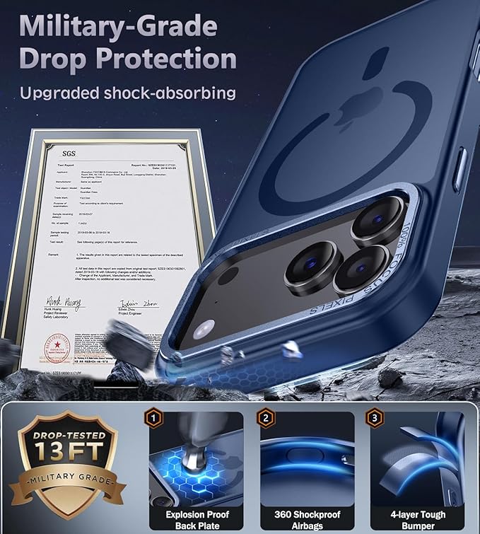 Newfuture Strong Magnetic Compatible with iPhone 17 Pro Case [13 FT Military Drop Protection] [Compatible with Magsafe] Slim Translucent Matte Shockproof with Anti-Fingerprint Phone Case, Navy Blue