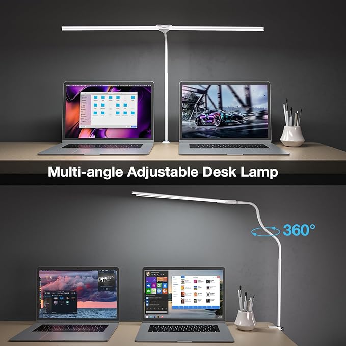 Hensam 31.5 Inch LED Desk Lamp, Double Head Desk Light with Clamp for Home Office, 5 Color Temperatures, Dimmable Task Lighting for Workbench Monitor Study, White