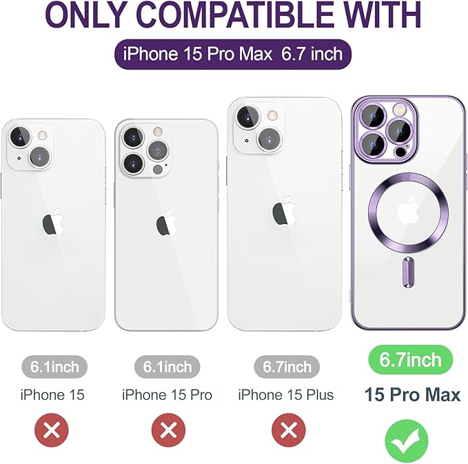 Hython Magnetic Clear for iPhone 15 Pro Max Case with Camera Lens Protector [Compatible with MagSafe] Plating Edge Slim Soft TPU Cover Protective Phone Case for iPhone 15 Pro Max 6.7", Deep Purple
