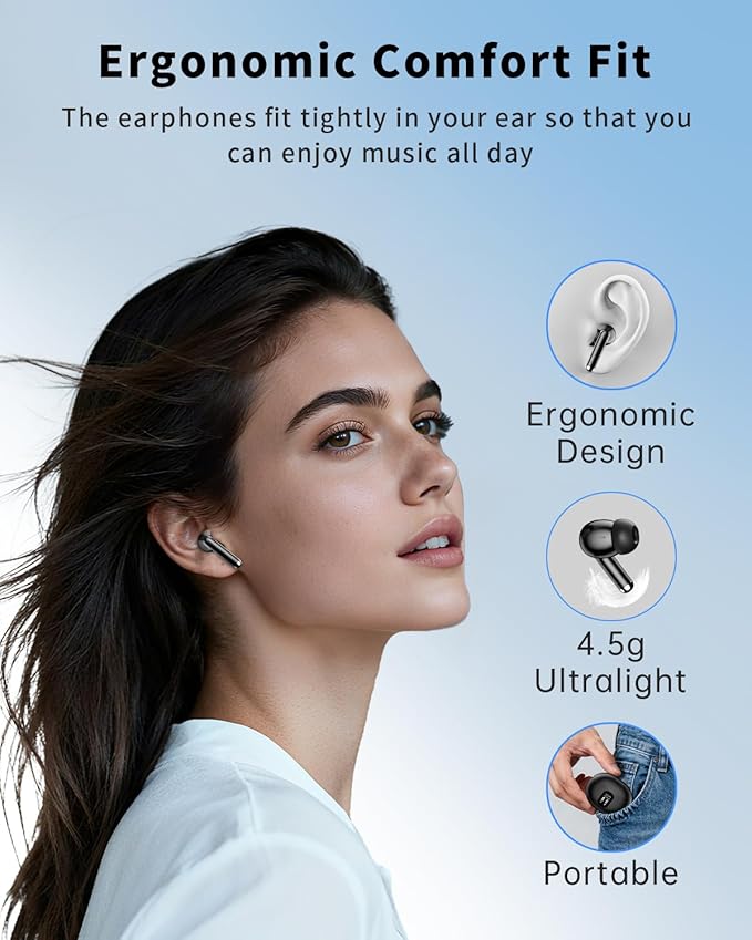 Wireless Earbuds, Bluetooth 5.4 Headphones with 50H Playback, Deep Bass Stereo Ear Buds Clear Calls with LED Power Display, IPX7 Waterproof, in-Ear Earphones with Mic for Phone/Android/iPad, Jet Black