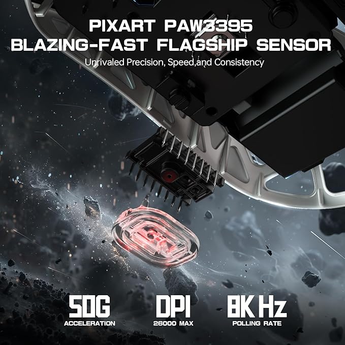 FELICON x Attack Shark R3 Magnesium Alloy Wireless Gaming Mouse, 46g Ultra-Lightweight Skeletal Shell, PAW3395 26K DPI, 8K Polling, Tri-Mode 2.4G/BT/Wired, for PC Mac Laptop - White & Griptape