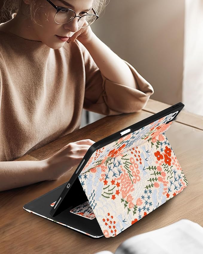 Uppuppy for iPad Air 13 Inch Case M3 2025/M2 2024, for iPad Pro 12.9 Case 6th/5th/4th/3rd Gen - Women Girls Cute Embroidered Folio Stand Cover with Pencil Holder & Card Slot Design Girly Floral Flower