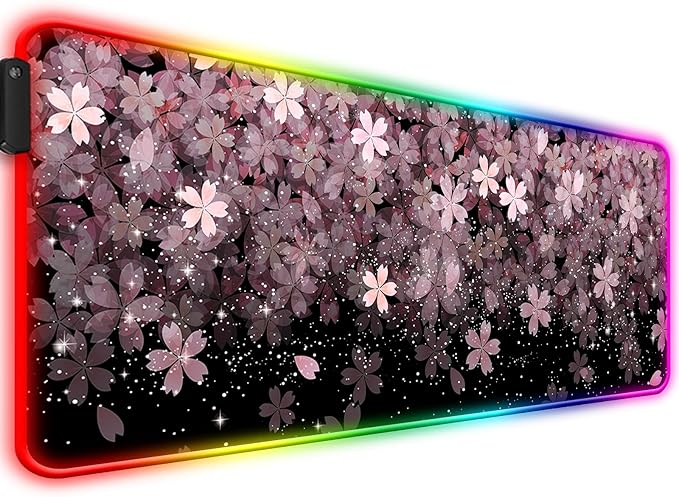 RGB Japanese Cherry Blossom Gaming Desk Mat, Computer Keyboard Large Extended Flowers LED Mouse Pad for Office and Home, 31.5×11.8 Inches, XL, Black