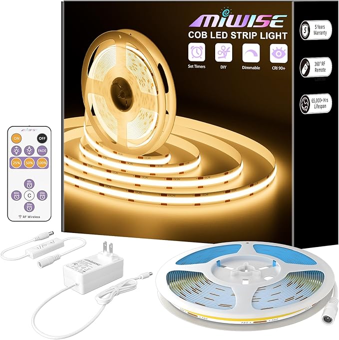 MIWISE COB LED Strip,LED Strip Light 2700K Warm White 20ft Dimmable Super Bright 24V,High Density Flexible Tape Light with RF Remote Timer Function,for Shelf/Cabinet/Bedroom/TV DIY Lighting Project