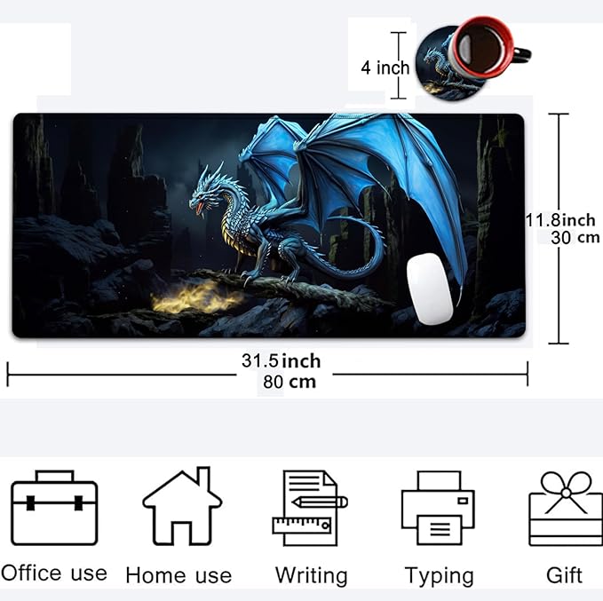 Large Mouse Pad, 31.5 x 11.8in Extended Gaming Mouse Pad with Stitched Edges, XXL Mousepad Protector Non Slip Rubber Base for Office and Home Writing Mat, Blue Flying Dragon Pattern Black Desk Mat