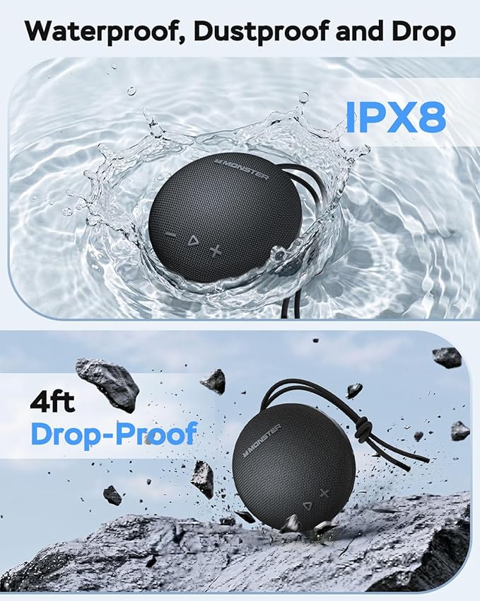 Monster Bluetooth Speaker, IPX8 Shower Speaker Waterproof, Bluetooth 5.4 with Loud HD Sound and Robust Bass, Extra Long Playtime Punchy, for Home, Beaches Portable Wireless Outdoor Speakers