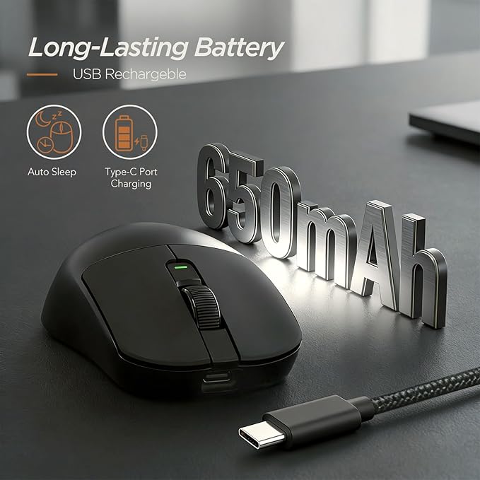 RK ROYAL KLUDGE RK MO3 Wireless Gaming Mouse, 48g Lightweight Computer Mouse, Bluetooth/2.4G/Wired Rechargeable PC Game Mice with Programmable Buttons, 6000 DPI, PAW3809 Sensor for Laptop/Mac, Black