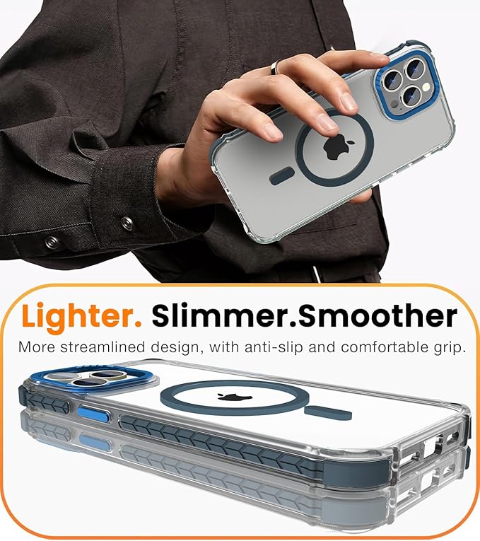 DEERLAMN Strong Magnetic Case for iPhone 13 Pro 6.1-Inch,[Compatible with Magsafe][Military-Grade Protection] Clear Slim Shockproof Protective Phone Cover for Women Men-Transparent+Blue