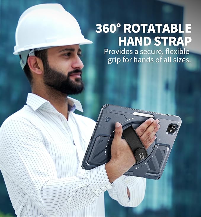 Dexnor for iPad Pro 11 inch Case M5 2025/M4 2024, Rugged Protective Case with 360° Rotating Hand Strap & Large Steady Stand & Screen Protector & Pencil Holder Shockproof Full-Body Bumper Cover, Blue