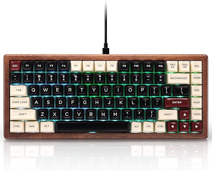 GLENCREAG WK84 USB-C Wired Wooden Mechanical Keyboard, 75% Layout 84 Keys, RGB Backlit, Hot-Swappable Green Switches, QMK/VIA Programmable, for Gaming & Typing