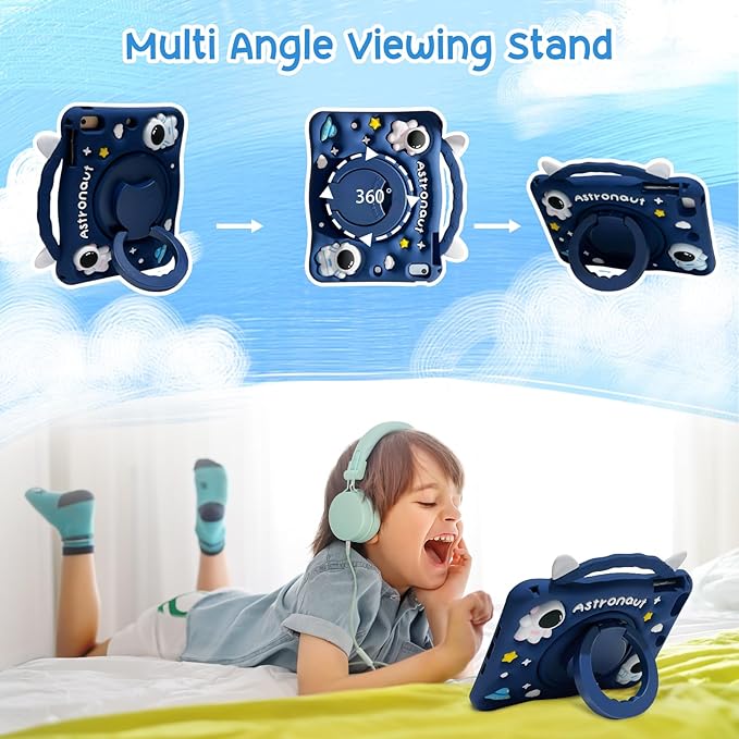 Kids Case for Apple iPad Pro 11 4th 3rd 2nd 1st Gen 2022/2021/2020/2018, iPad Air 5th 4th Gen Case, Cute Design EVA Kickstand Shockproof Kids Friendly Bumper Cover with Shoulder Strap, Blue Spaceman