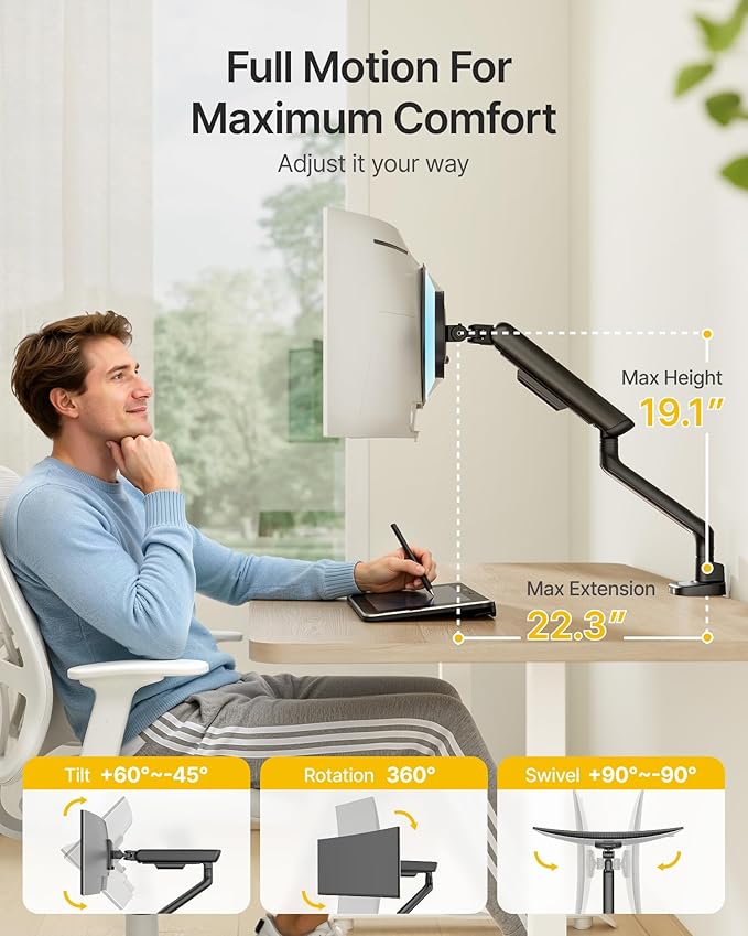 monTEK Single Monitor Arm with USB, Mechanical Spring Monitor Arm for 17-40" Screens, Adjustable Monitor Desk Mount Holds up to 26.4 lbs with C Clamp/Grommet Desk Mount, VESA 75/100mm