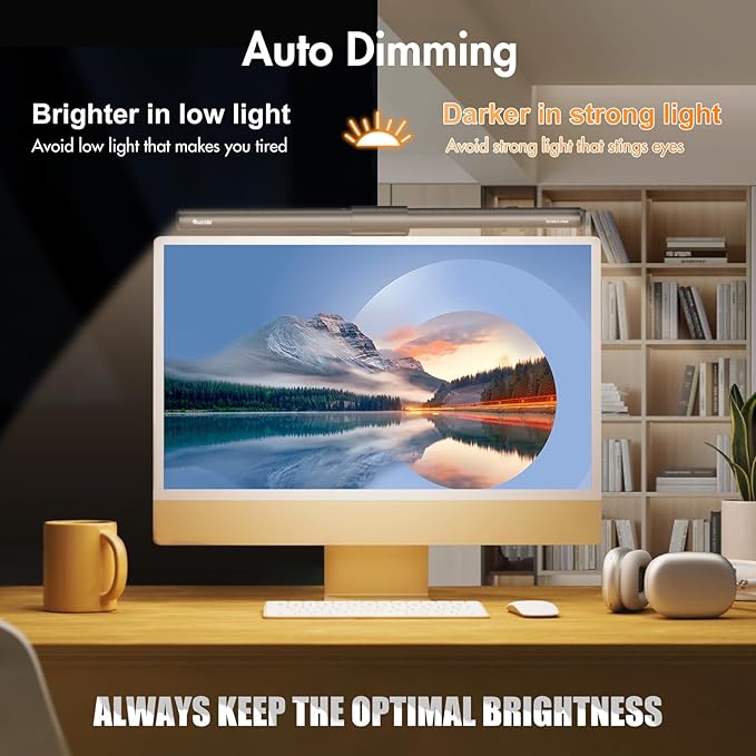 Quntis Monitor Light Bar with Remote, Fit for Curved Monitors/Camera Base, Eye-Care Computer Monitor Lamp Dimmable with Auto-Dimming, No Glare Work Office Gaming Desk Lamp, Gray, Mother's Day
