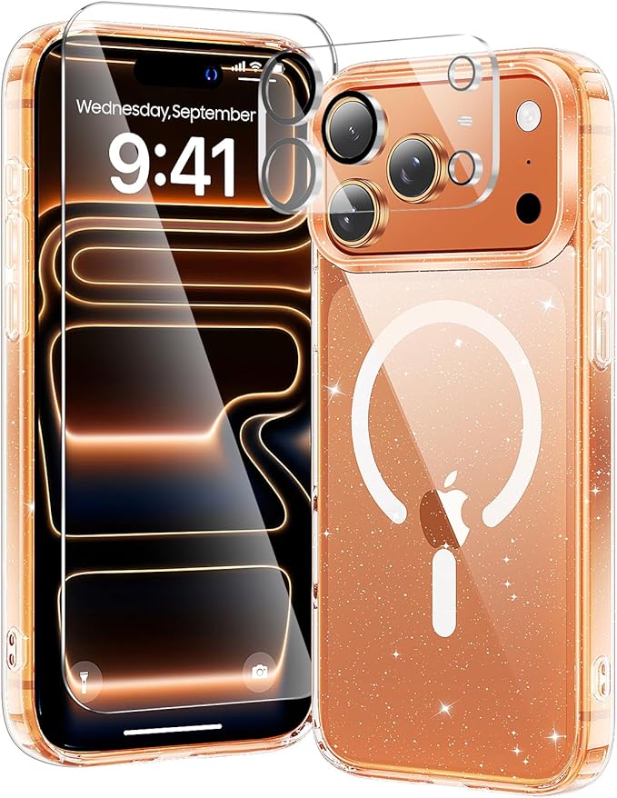 toushion 3 in 1 for iPhone 17 Pro Case Clear Glitter,Fits MagSafe, Not Yellowing, Screen Protector*1 Camera Lens Protector*1, Military-Grade Protection for Phone Cover 6.3 inch