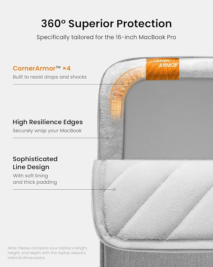 tomtoc 360° Protective Laptop Sleeve for 16-inch MacBook Pro M5 Pro/Max (2026) A3428 A3429, M4/M3/M2/M1 A3403 A3186 A2991 A2780, Water-Resistant MacBook Case Bag with Accessory Pocket Fits Dell XPS 16