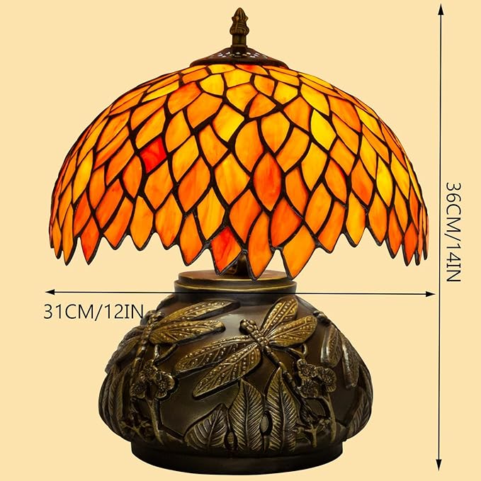Tiffany Table Lamp Orange Wisteria Style Stained Glass Lamp for Bedside,Bedroom,Living Room,12 Inch Small Vintage Mushroom Desk Lights Included E26 LED with Remote Control(Autumn Leaves)