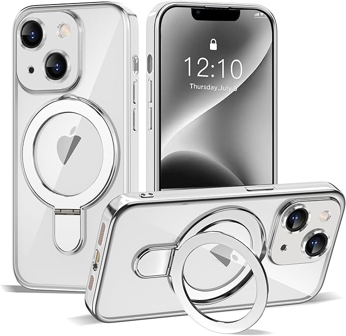 Compatible with iPhone 14 Plus Case with Invisible Magnetic Ring Stand [Compatible with Mag-Safe] [Full Camera Lens Protector] Plating Clear Phone Case for iPhone 14 Plus 6.7", Silver
