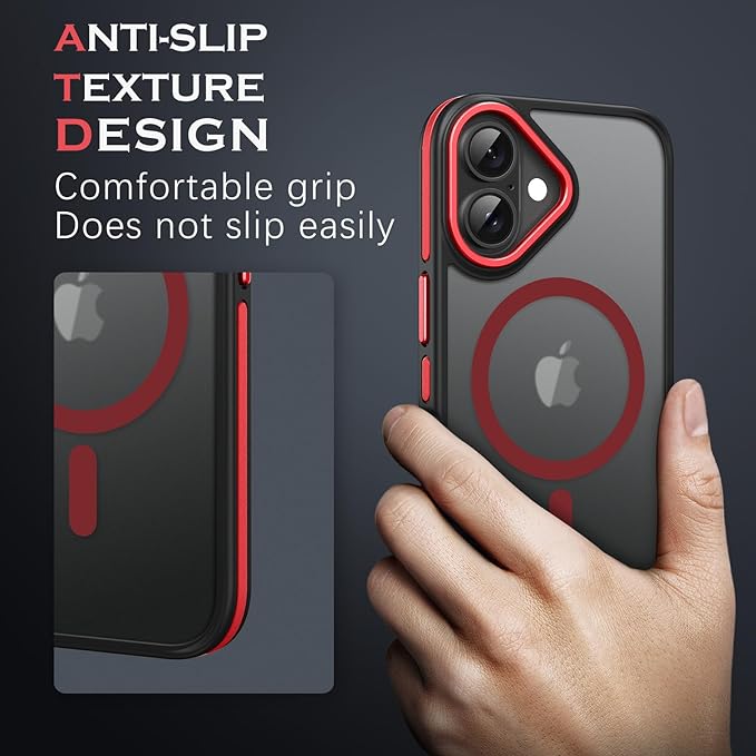 YINLAI Case for iPhone 16 Plus 6.7-Inch, iPhone 16 Plus Phone Case Magnetic [Compatible with Magsafe] Slim Translucent Matte Men Women Girls Shockproof Protective Back Cover, Black/Red