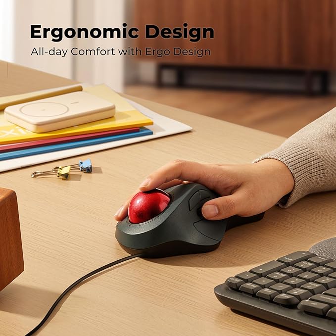 Wired Trackball Mouse for Large Hands, Ergonomic Design Reduces Wrist & Muscle Strain, Precision Tracking with Easy Index Finger Control, Compatible with PC, Laptop, Windows, Mac, Red