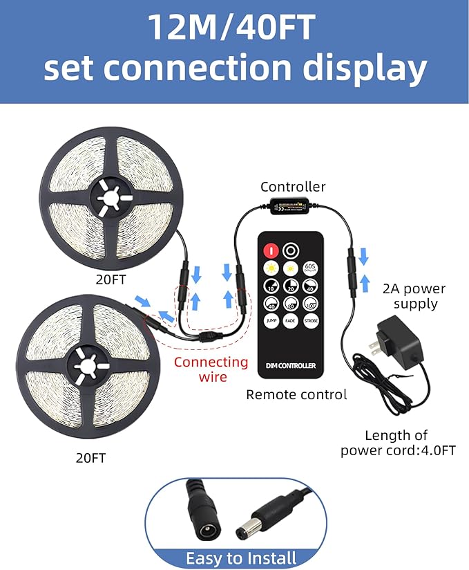 40ft LED Strip Lights with Remote, 6500K Daylight White Dimmable Tape Lights, 12V 720 LEDs 2835 Strong Adhesive Rope Lights for Cabinet Kitchen Ceiling Closet Vanity Mirror Stairway Basement