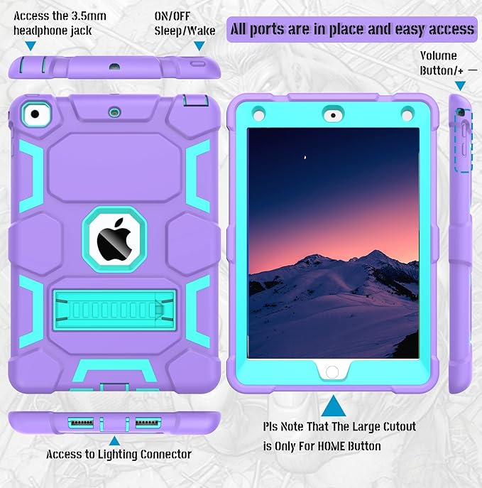CCMAO Compatible with iPad 6th Generation Cases, iPad 5th Generation Case, iPad 9.7 Case, iPad Air 2 Case, Hybrid Shockproof Rugged Drop Protection Case with Kickstand, Purple+Green