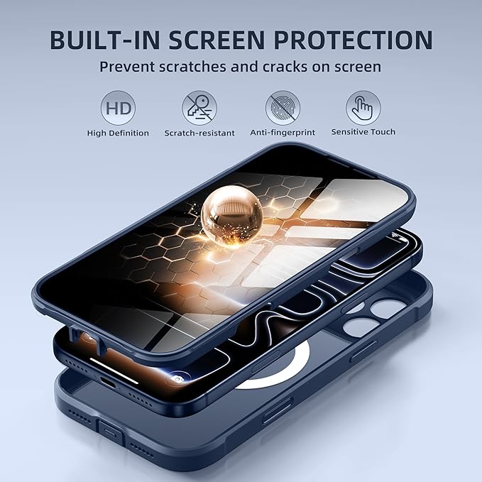 BERFY for iPhone 17 Pro Case, Compatible with MagSafe, Built-in Privacy Screen Protector, Camera Protection, Shockproof Full Body Phone Case 6.3", Translucent Deep Blue