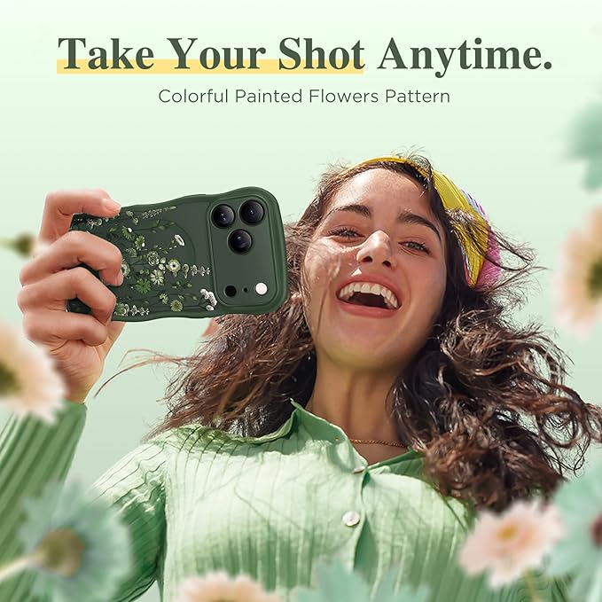 GVIEWIN for iPhone 17 Pro Case Compatible with MagSafe [Curly Wave Edge][Full Camera Protection]Floral Translucent Shockproof Magnetic Women Phone Case for iPhone 17 Pro 6.3'', Floratopia/Forest Green