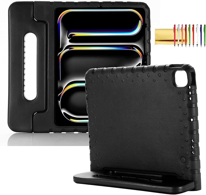 Kids Case for iPad Pro 13" 2025 (M5) 2024 (M4) & iPad Air 13" M4 M3 M2 Shockproof Case with Pencil Holder, Techcircle Handle Stand Light EVA Foam Bumper Protective Rugged Child Proof Cover, Black