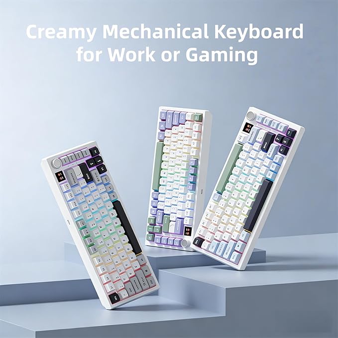 FKZ K75 Mechanical Keyboard with Knob Screen,75% Hot Swap Tri-Mode Bluetooth 5.0/2.4G Wireless/Type-C Wired RGB Gaming Keyboard PCB Gasket Mount Custom Creamy Purple&White Keyboard