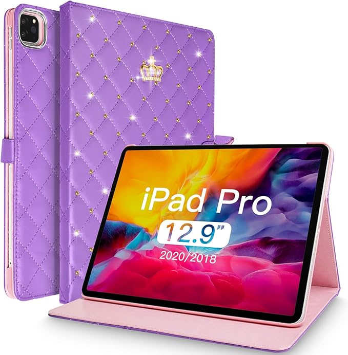 Changjia for iPad Pro 12.9 Inch Case 6th/5th/4th/3rd Generation (2022/2021/2020/2018), Crown Diamond Bling Cute PU Leather Smart Auto Sleep/Wake Stand Shockproof Protective Case for iPad 12.9", Purple