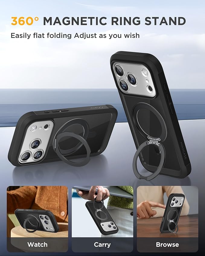 Miracase for iPhone 17 Pro Max Case with 360° Magnetic Ring Stand [Compatible with Magsafe] Full-Body Drop Proof Bumper Phone Case with Built-in 9H Tempered Glass Screen Protector,Black