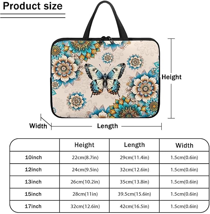 Bohemia Butterfly 10 Inch Laptop Sleeve, Laptop Cover Computer Bag Tablet Carrying Case with Handle Tote Bags Notebook Handbag Messenger Briefcase for Travel/Business/School/Work