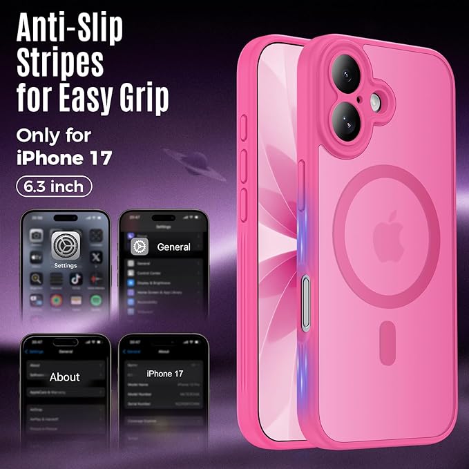 Symcele Designed for iPhone 17 Case, Compatible with MagSafe, [Camera Protection] [15FT Military Droptection] Shockproof Translucent Matte Anti-Slip Phone Case, 6.3", Hot Pink