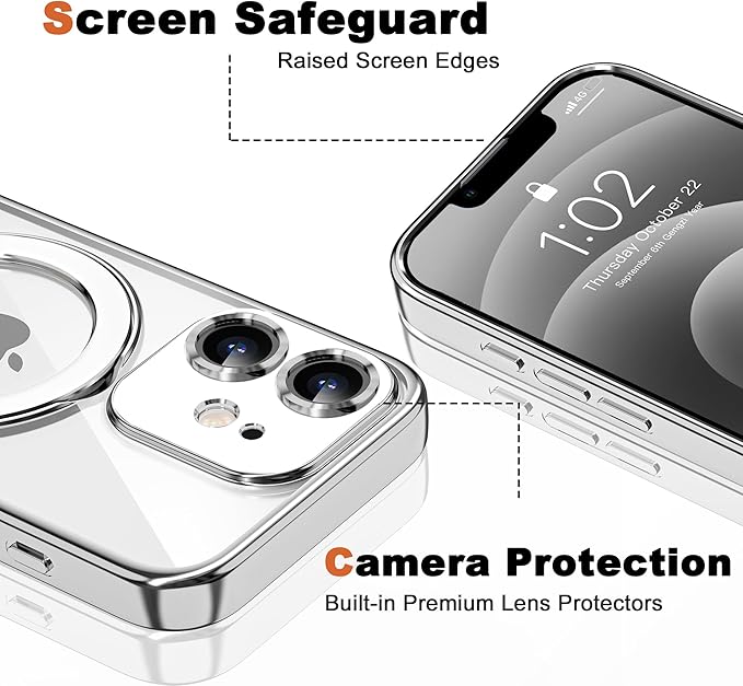 Compatible with iPhone 12 Case with Invisible Magnetic Ring Stand [Compatible with Mag-Safe] [Full Camera Lens Protector] Plating Clear Phone Case for iPhone 12 6.1", Silver
