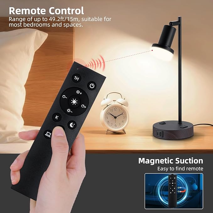 Industrial Table Lamp with Remote Control for Stepless Dimmer & Temperatures, Bedside Lamp with USB C+A Ports and AC Outlet, Flexible Head-Desk Lamp for Bedroom, Living Room, Office (Walnut)