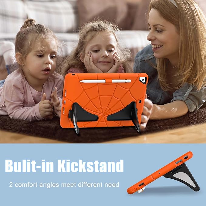 AKABEILA Compatible with Apple iPad 10.2 7th 8th 9th(2019/2020/2021) Tablet Case，Lightweight Shockproof Rugged Protective Cover with Kickstand for Kids Children Boys Babies Orange Black
