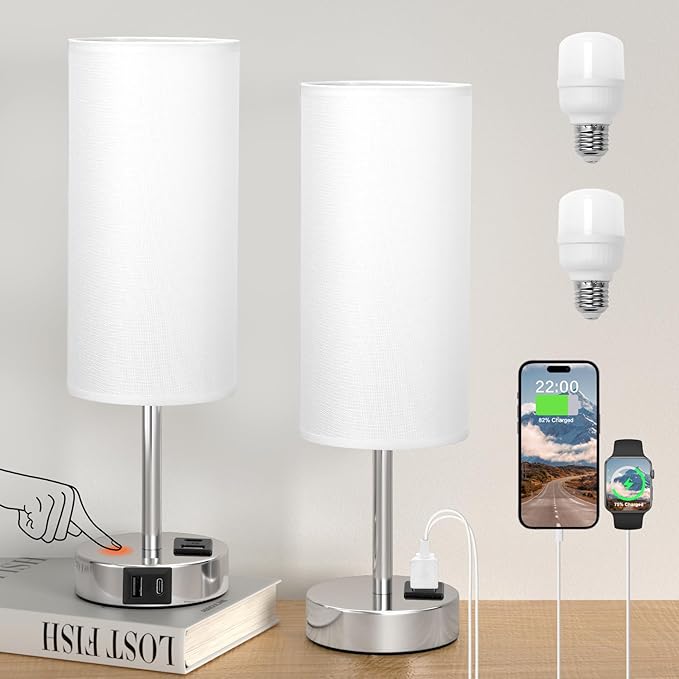 Dicoool Bedside Table Lamps for Bedroom Set of 2 - Touch Lamp for Nightstand with USB-A+C Charging Ports - 3 Way Dimmable Small Desk Lamp White for Office, Dorm Room, Living Room, Reading, Nursery