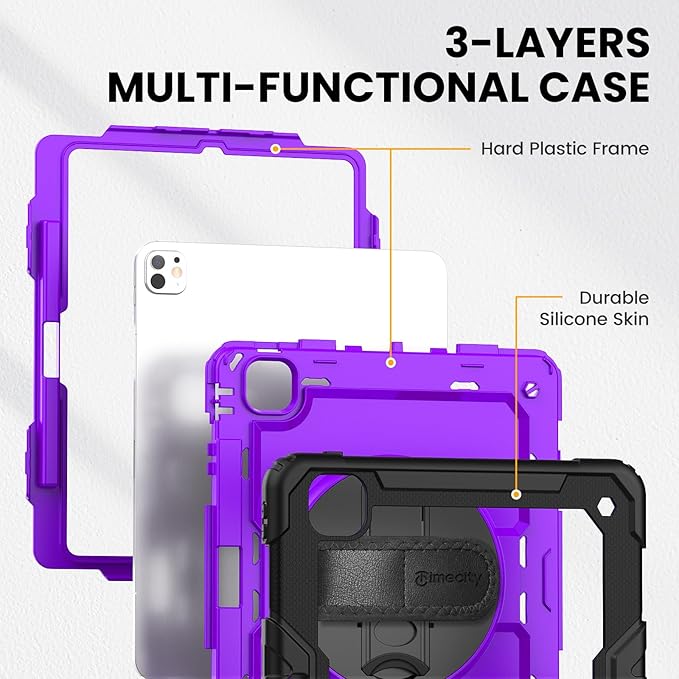 timecity Case for iPad Pro 13 Inch M5 2025 / M4 2024, 360° Rotating Stand, Pencil Holder & Wireless Charging, Shockproof with Screen Protector & Shoulder Strap - for Designers & Professionals, Purple