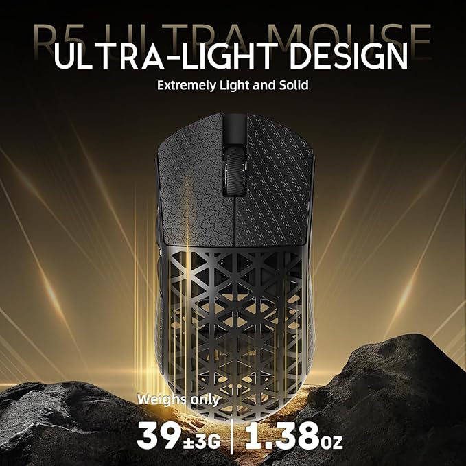 ATTACK SHARK R5 Ultra Wireless Gaming Mouse,Carbon Fiber Shell 39g Superlight,PAW3950MAX Nordic 52840 MCU 8K Polling 42K DPI Optical Sensor,BT/2.4G/USB-C Wired Mice with Coiled Cable-Black&Griptape